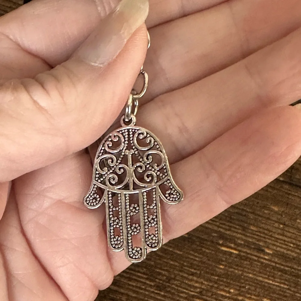 Hamsa hand keychain bag charm silver intricate metal dangling